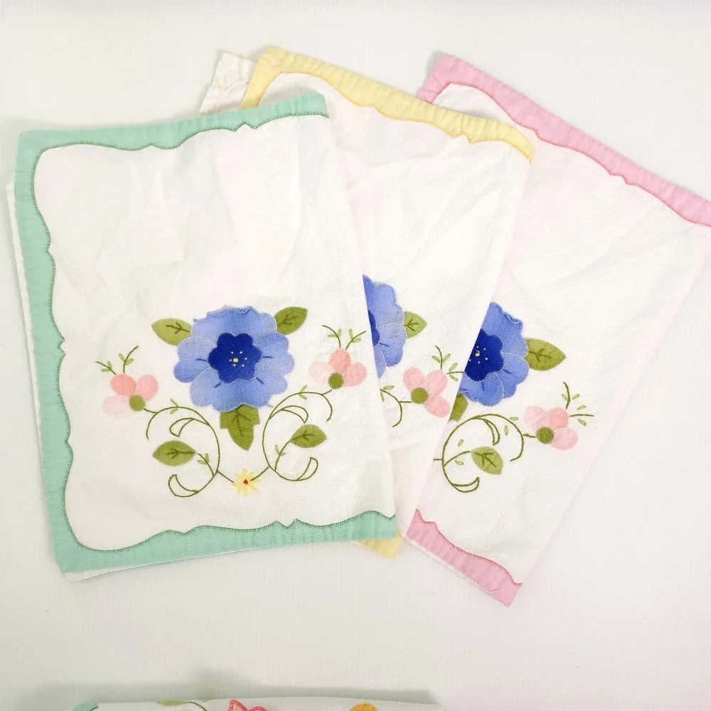6 Vintage Fabric Placemats Applique Flowers Rectangle Place Mat Pastel